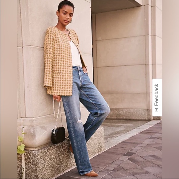 SOLD EXPRESS long tweed blazer metallic bronze gold tan worn by celebrity - Picture 6 of 17